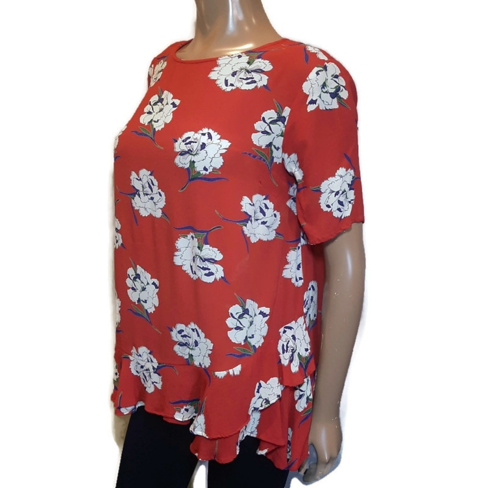 ASOS Floral Asymmetric Ruffled Blouse Tie Back Short Sleeve Top Red Size 6